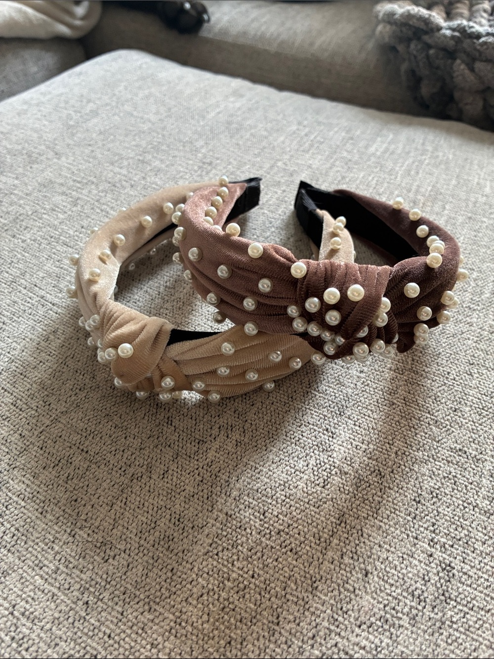 Pearl-Studded Velvet Knot Headbands in Beige and Brown